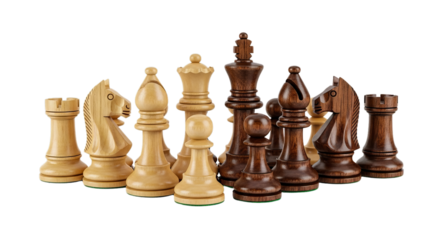 A collection of handcrafted wooden chess pieces, both light and dark, arranged on a white background, ready for a strategic game