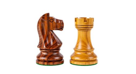 Elegant wood-carved knight and rook chess pieces, showcasing intricate craftsmanship and representing the timeless pursuit of strategic mastery in a beloved game