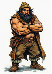 Fantasy RPG character illustration of a stocky male warf with tanned skin, dar hair under woolen cap, thck brown coat, old school abletop roleplaying artwor