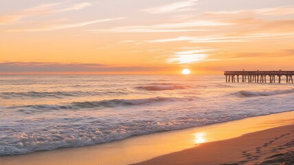 Naklejka premium Sunrise Over Ocean with Pier and Footprints