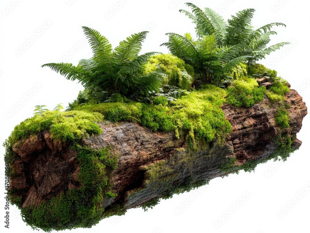 Poster mossy log with ferns isolated on white background for nature and environmental concepts