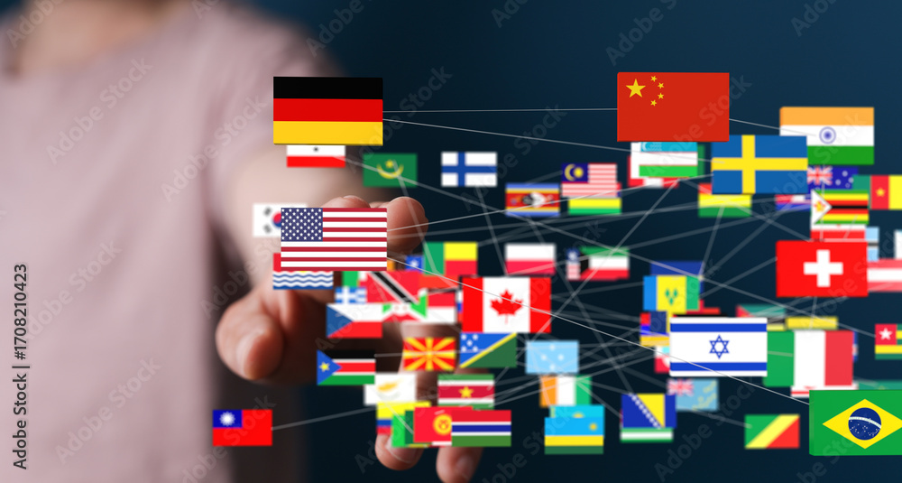 Poster image of interconnected flags representing global collaboration and international relations.
