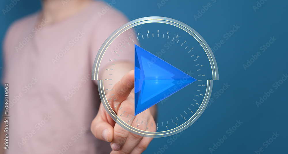 Poster person interacting with a digital play button interface. modern technology concept.