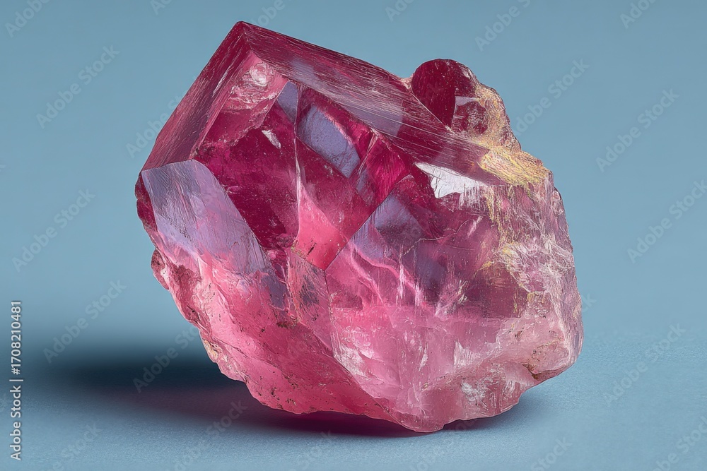 Poster vibrant pink spinel crystal specimen displaying sharp edges and intricate surface texture against a 