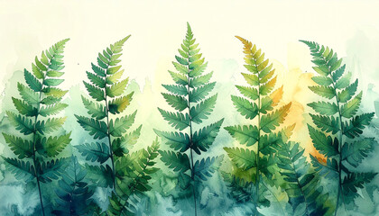 Obraz premium Elegant watercolor fern leaves in soft green and blue tones create calming, natural background perfect for website decoration or eco market branding
