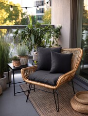 Outdoor balcony seating area with wicker chair and dark cushions.