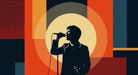 An expressive singer captivates the audience with a dynamic performance. This bold retro-style image embodies the energy and passion of a live concert, perfect for music promotions and creative projec