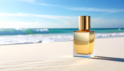 Golden perfume bottle with metallic gradient design stands on white sand beach, ocean waves and blue sky in background, evoking luxury and relaxation