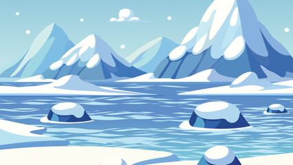 Flat Vector Illustration of Snowy Arctic Mountains and Frozen Sea. 