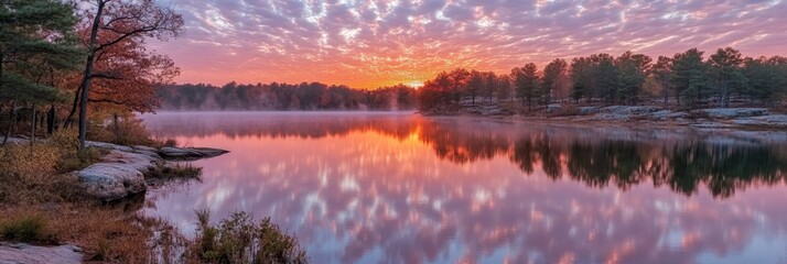Fototapeta premium Breathtaking Sunrise Over Calm Lake, Vibrant Reflections Creating a Tranquil Natural Scene