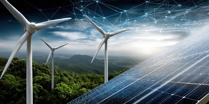Renewable energy landscape with wind turbines, solar panels, and connectivity network, representing sustainable innovation