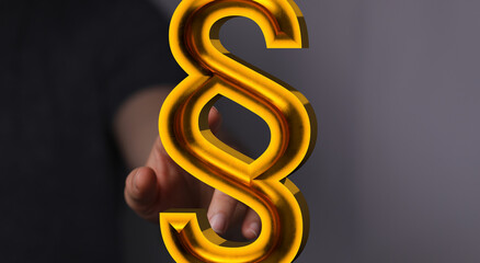 3D golden paragraph symbol, representing law, justice, legal concept. Ideal for legal websites, articles, and presentations.