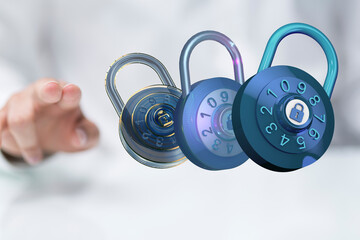 Secure your data.  High-quality 3D render of combination locks representing digital security.