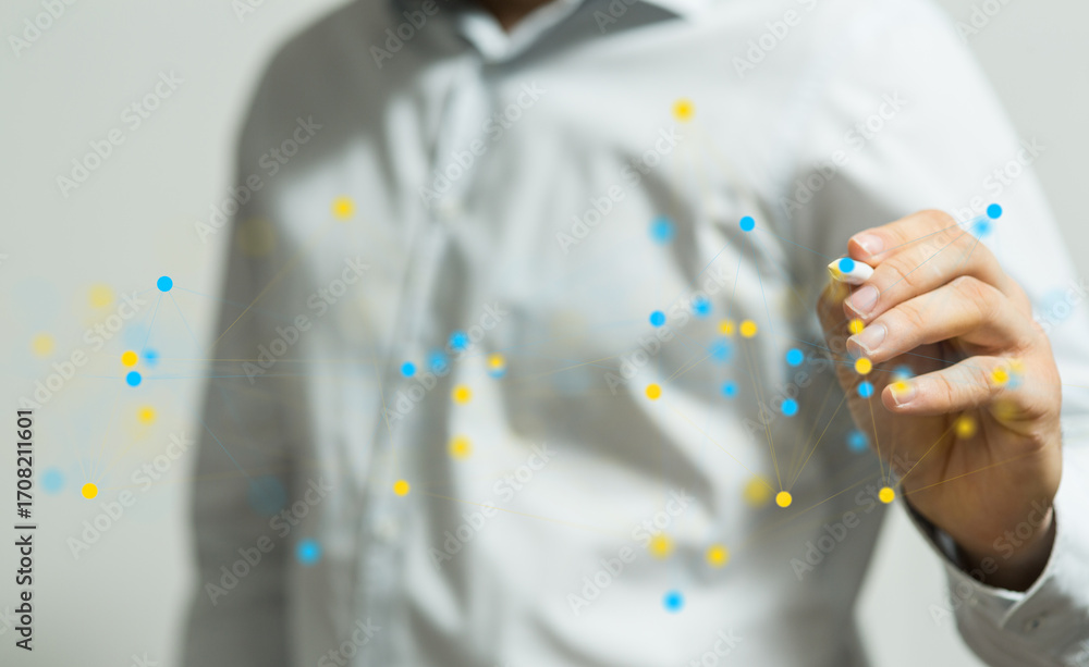 Poster stock photo of a businessman drawing a network on a glass surface. ideal for networking, technology,