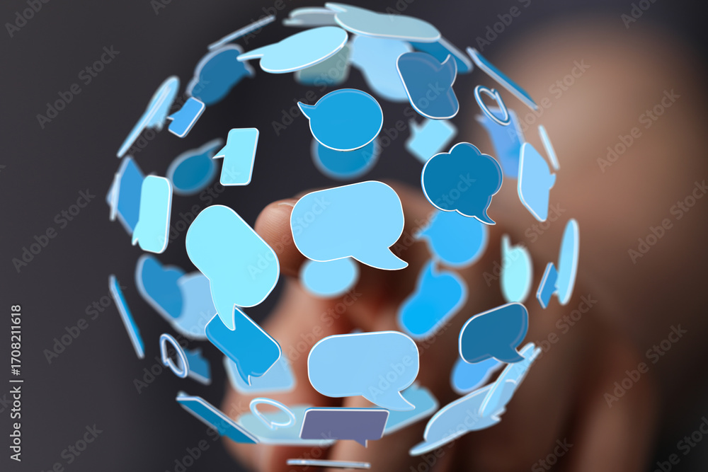 Poster abstract image of a network of interconnected speech bubbles, representing global communication and 
