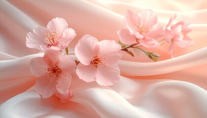 Delicate pink flowers on blush fabric background