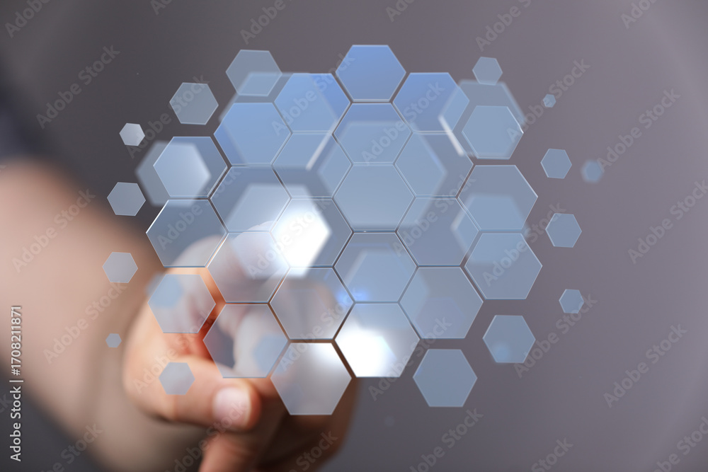 Poster abstract image of a hand interacting with a futuristic digital interface. perfect for tech, innovati
