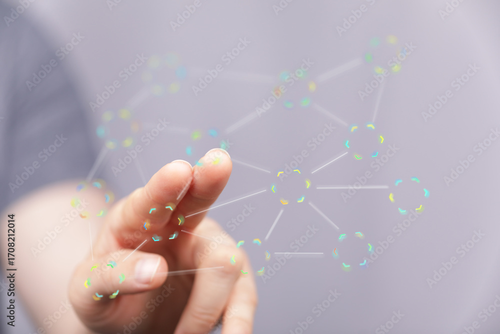 Poster hand interacting with a digital network, illustrating connection and communication.