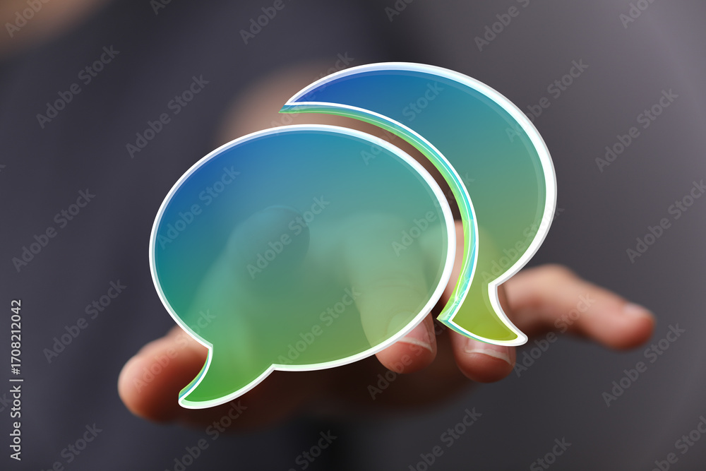 Poster abstract image of two speech bubbles in a hand, representing communication and conversation.
