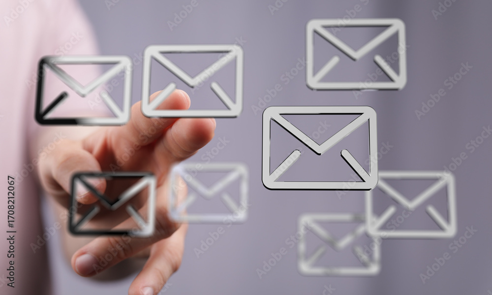 Poster abstract image of a hand interacting with email icons, representing digital communication and inbox 