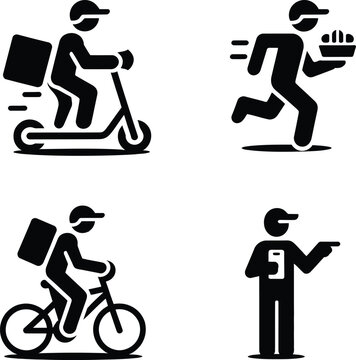 Mobile Delivery Worker Icons &ndash; Scooter, Bicycle, Walking & App Courier Vectors