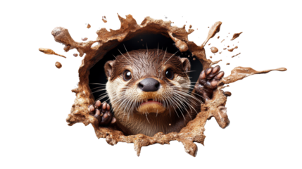 Curious otter peeks through a watery splash on Transparent Background