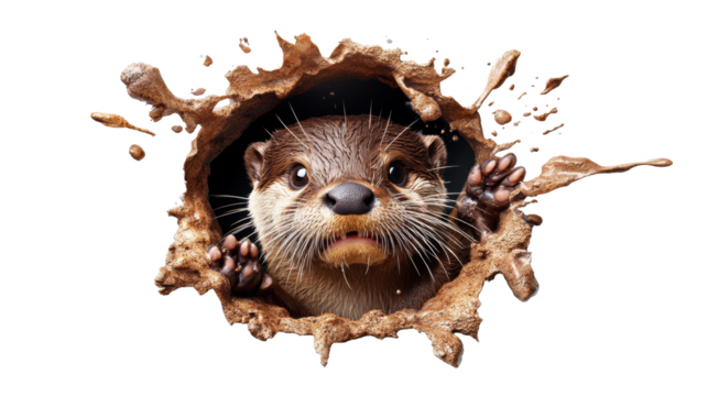 Curious otter peeks through a watery splash on Transparent Background
