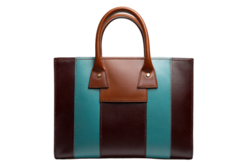 Structured leather tote bag with tan handles and teal/burgundy stripes