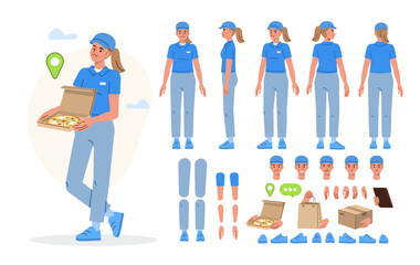 Female delivery person holding pizza box. Character constructor for animation. Front, side and back view set. Body parts, postures, poses collection. Vector illustration.
