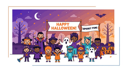 Spooky Fun: A vibrant and whimsical illustration captures the essence of Halloween with a group of kids dressed in diverse costumes, with message banner in hand!