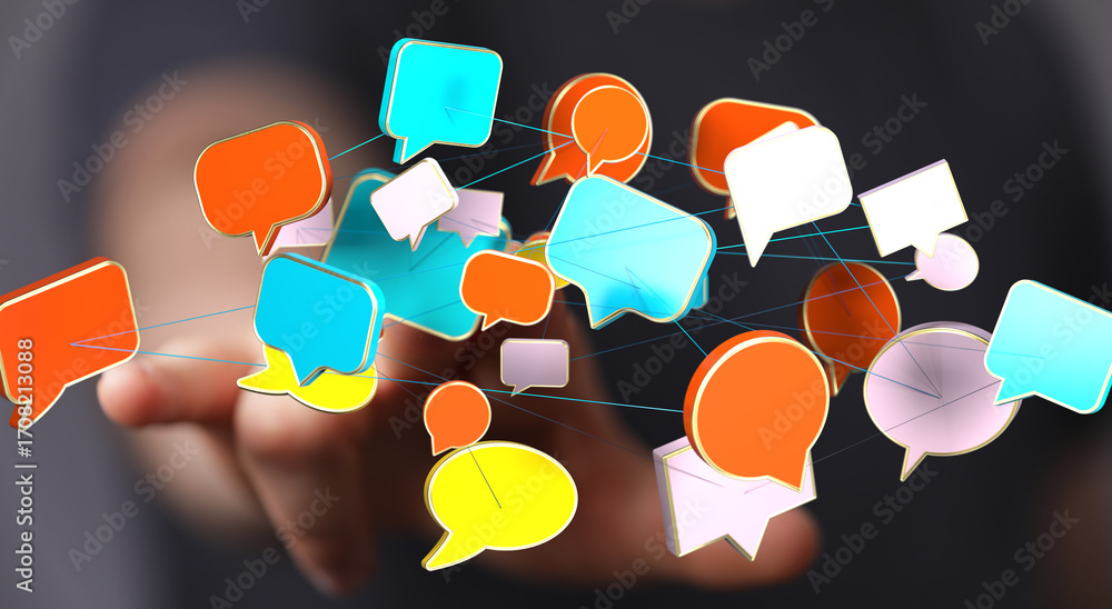 Poster abstract image of interconnected speech bubbles, representing global communication and networking.