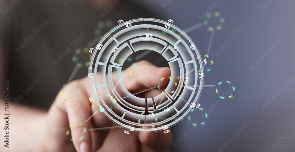 Poster close-up of a finger interacting with a digital circular infographic displaying data percentages.