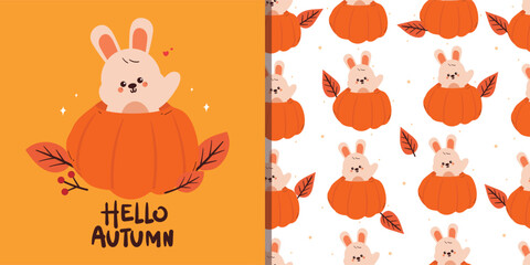 cute card and pattern with cartoon bunny inside pumpkin for autumn vibe wallpaper