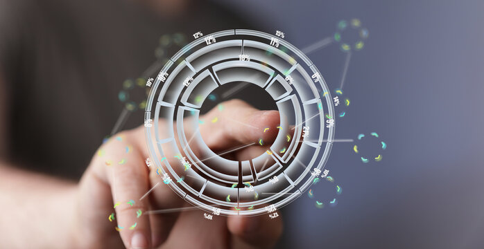Close-up of a finger interacting with a digital circular infographic displaying data percentages.
