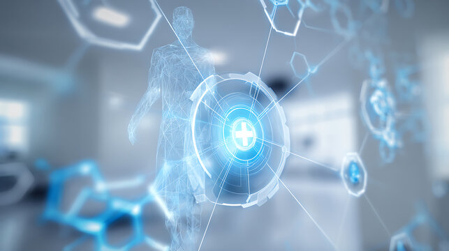 Digital human figure with medical symbol in a futuristic network environment