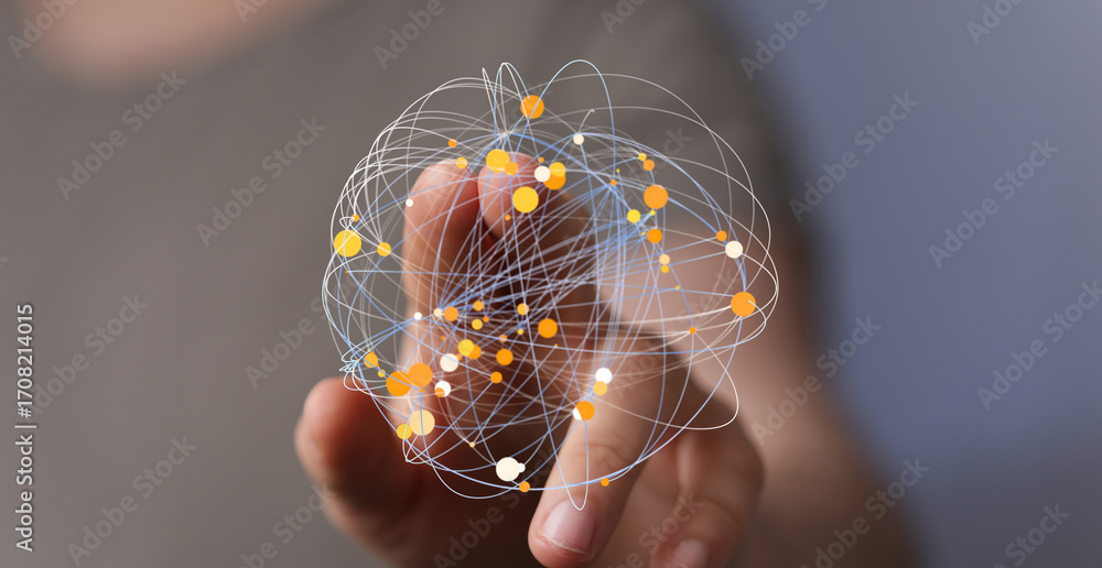 Poster abstract image of hand interacting with a digital network. perfect for technology, connectivity, and