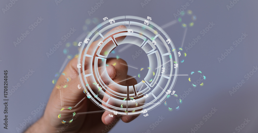 Poster hand interacts with a futuristic circular infographic, showing data analysis and business intelligen