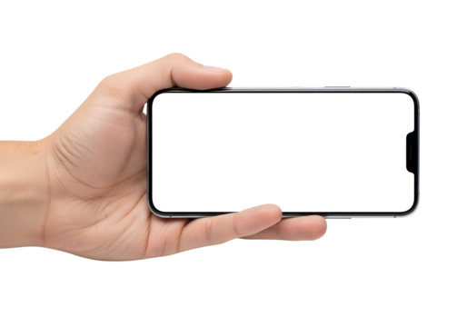 Hand holding a smartphone with a blank white screen horizontally. Isolated on transparent background, png
