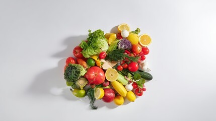 Fresh vegetables and fruits in vibrant colors, arranged in a harmonious composition, celebrating natural abundance and healthy eating.