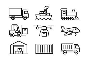 Commercial vehicles line icon set with vector pictograms of cargo trucks, ships, trains, forklifts, drones, planes, warehouses, and containers