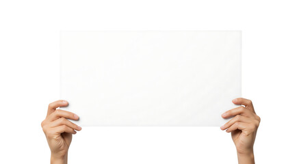 Hands holding a blank white paper sign for text or advertising. Isolated on transparent background, png