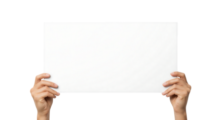 Hands holding a blank white paper sign for text or advertising. Isolated on transparent background, png