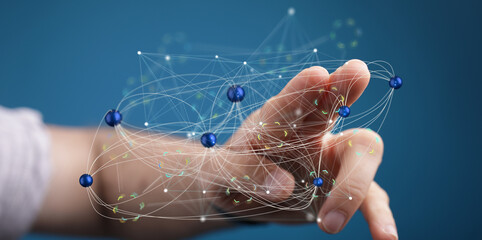 Hand interacting with a digital network, showing connections and data flow. Ideal for technology, AI, and networking concepts.