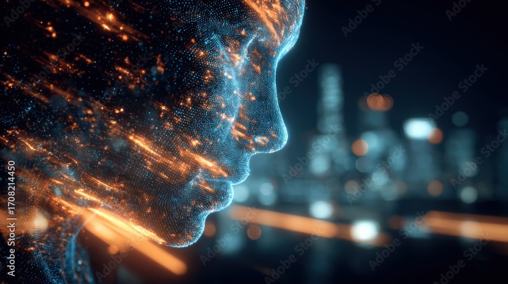Poster abstract digital humanoid face with glowing particles and cityscape background for ai and technology