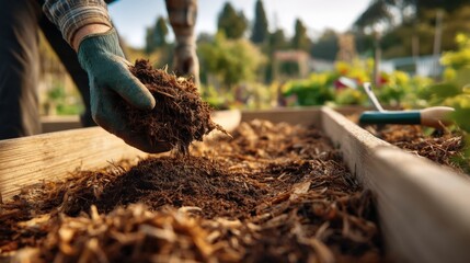 Gardener Preparing Soil in Raised Garden Bed for Planting Organic Vegetables and Herbs in Spring