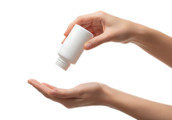 Hands pouring medicine from a blank white bottle into an open palm. Isolated on transparent background, png