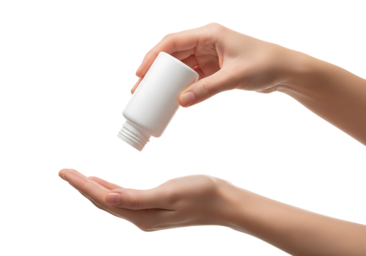 Hands pouring medicine from a blank white bottle into an open palm. Isolated on transparent background, png