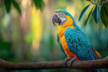 Vibrant Blue and Yellow Macaw Perched on Branch in Lush Green Tropical Forest