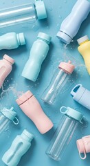 Reusable water bottle array with splashes, ideal for ecofriendly lifestyle, hydration concepts, sports, and fitnessrelated designs.