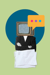 Collage of a man with arms crossed and a television on the head on a blue circle on a green background with two sheets of paper